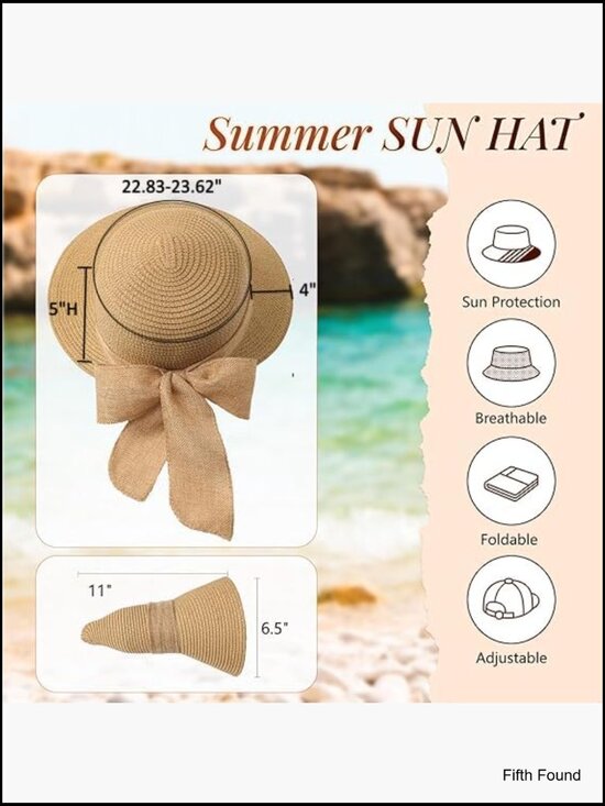 Foldable Straw Sun Hat with UV Protection, Adjustable Chin Strap, Summer Beach main image 5